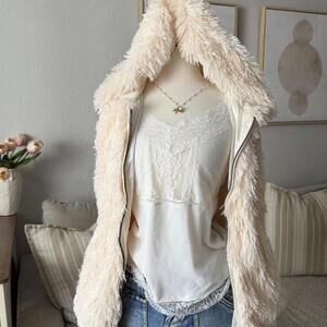 Beulah Style Cream Hooded Faux Fur Jacket